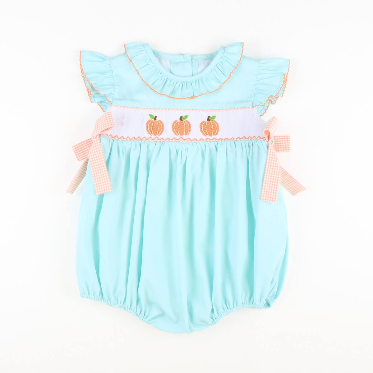 Smocked Classic Pumpkins Ruffle Neck Girl Bubble - Mint Pique - Stellybelly