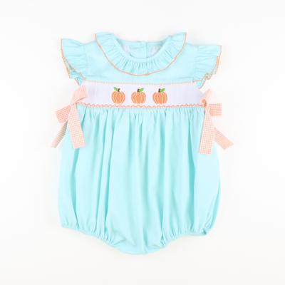 Smocked Classic Pumpkins Ruffle Neck Girl Bubble - Mint Pique - Stellybelly