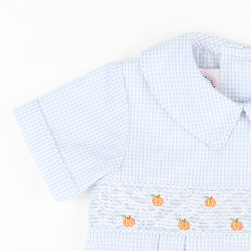 Smocked Tiny Pumpkins Collared Boy Bubble - Light Blue Mini Check Seersucker - Stellybelly