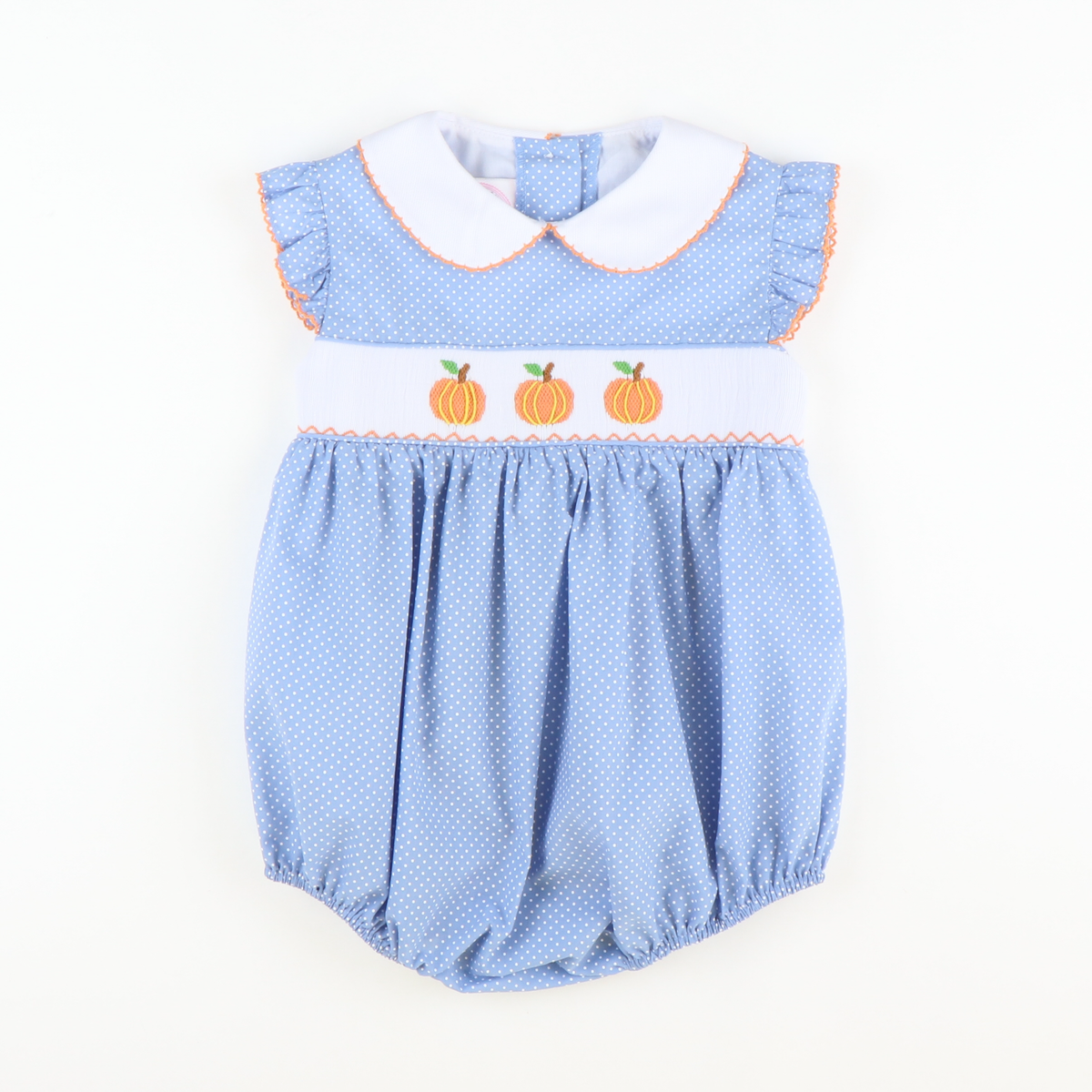 Smocked Pumpkins Collared Girl Bubble - Blue Tiny Dot - Stellybelly