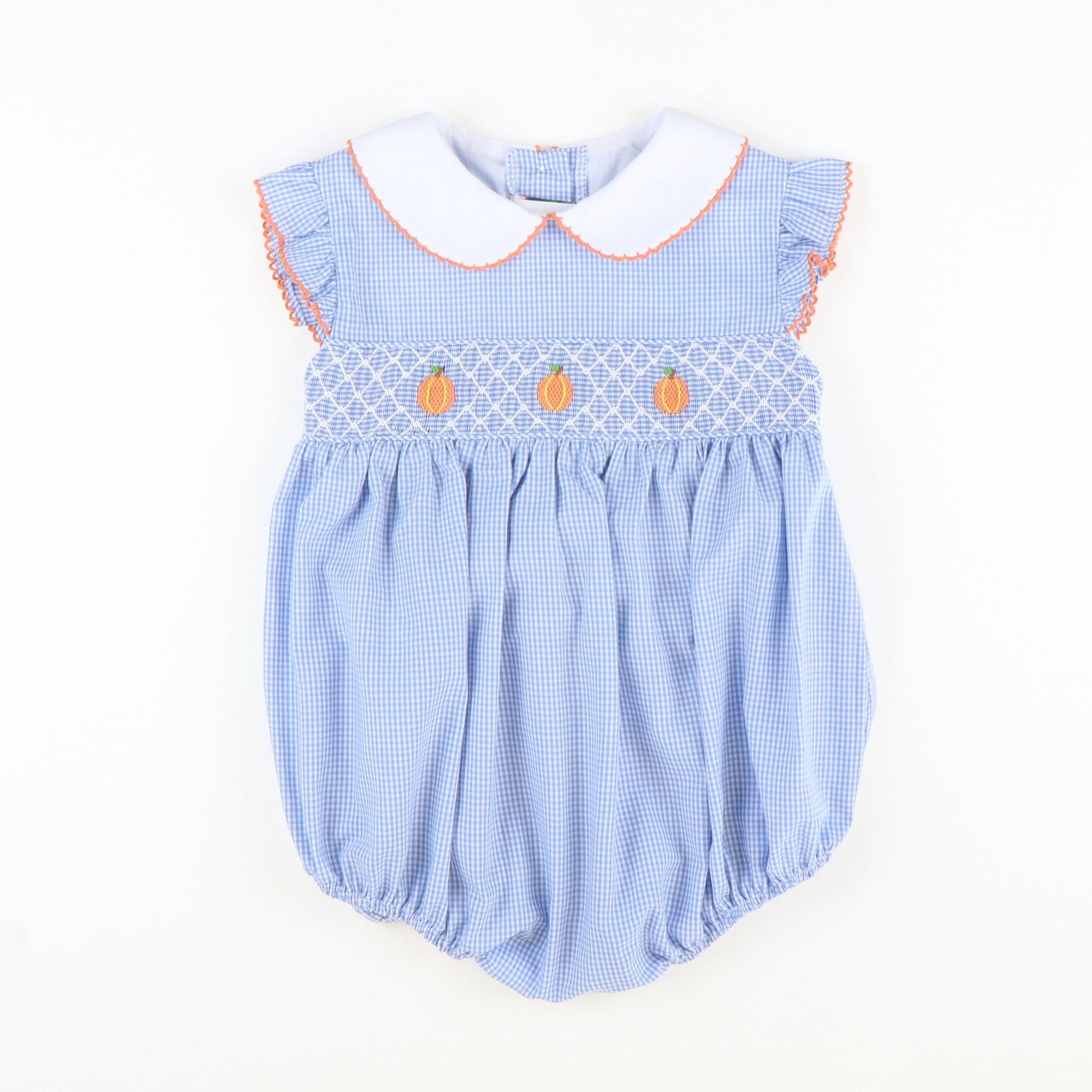 Smocked Geo Pumpkins Collared Girl Bubble - Blue Mini Gingham - Stellybelly