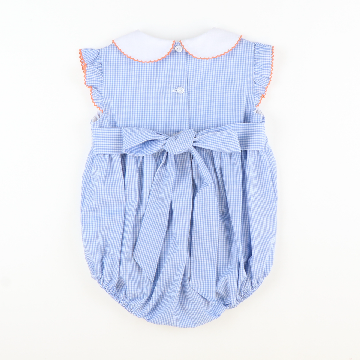Smocked Geo Pumpkins Collared Girl Bubble - Blue Mini Gingham - Stellybelly