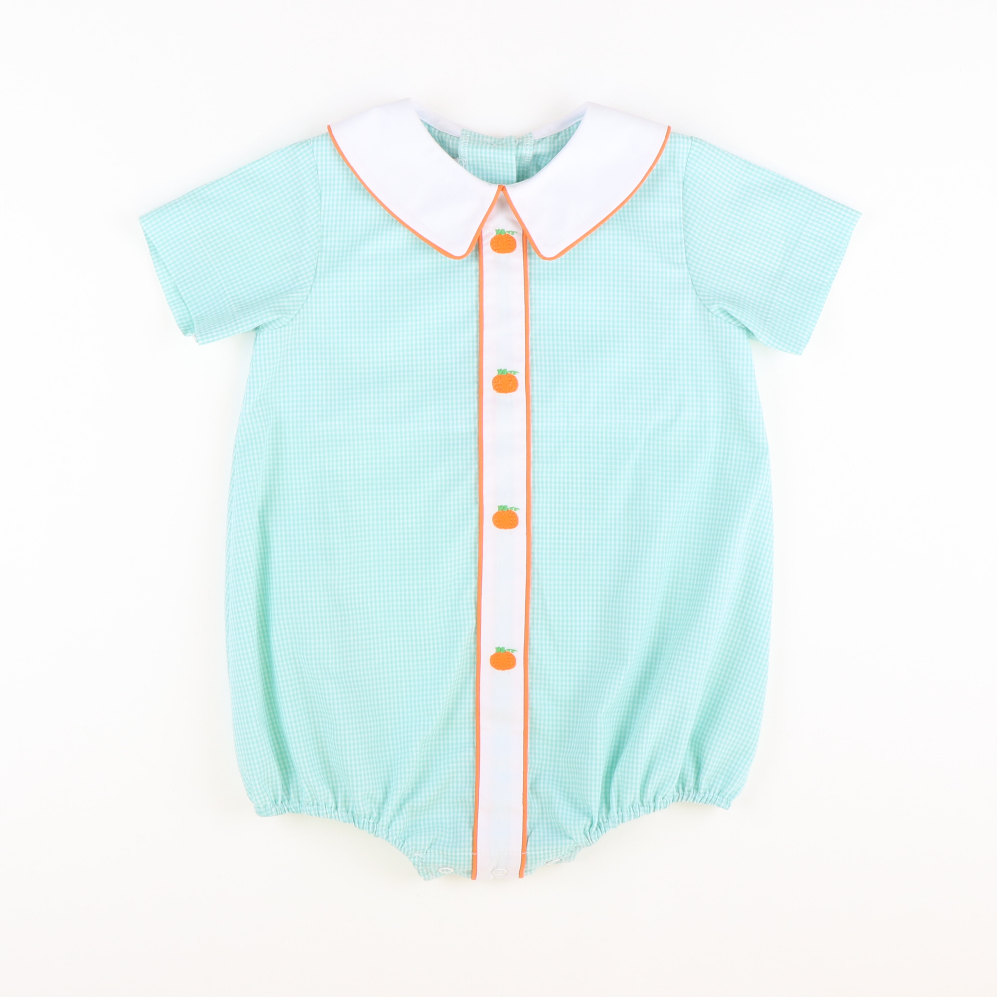 Embroidered Pumpkins Collared Boy Bubble - Mint Mini Gingham - Stellybelly