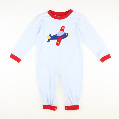 Appliquéd Airplane Boy Long Bubble - Light Blue Stripe Knit - Stellybelly