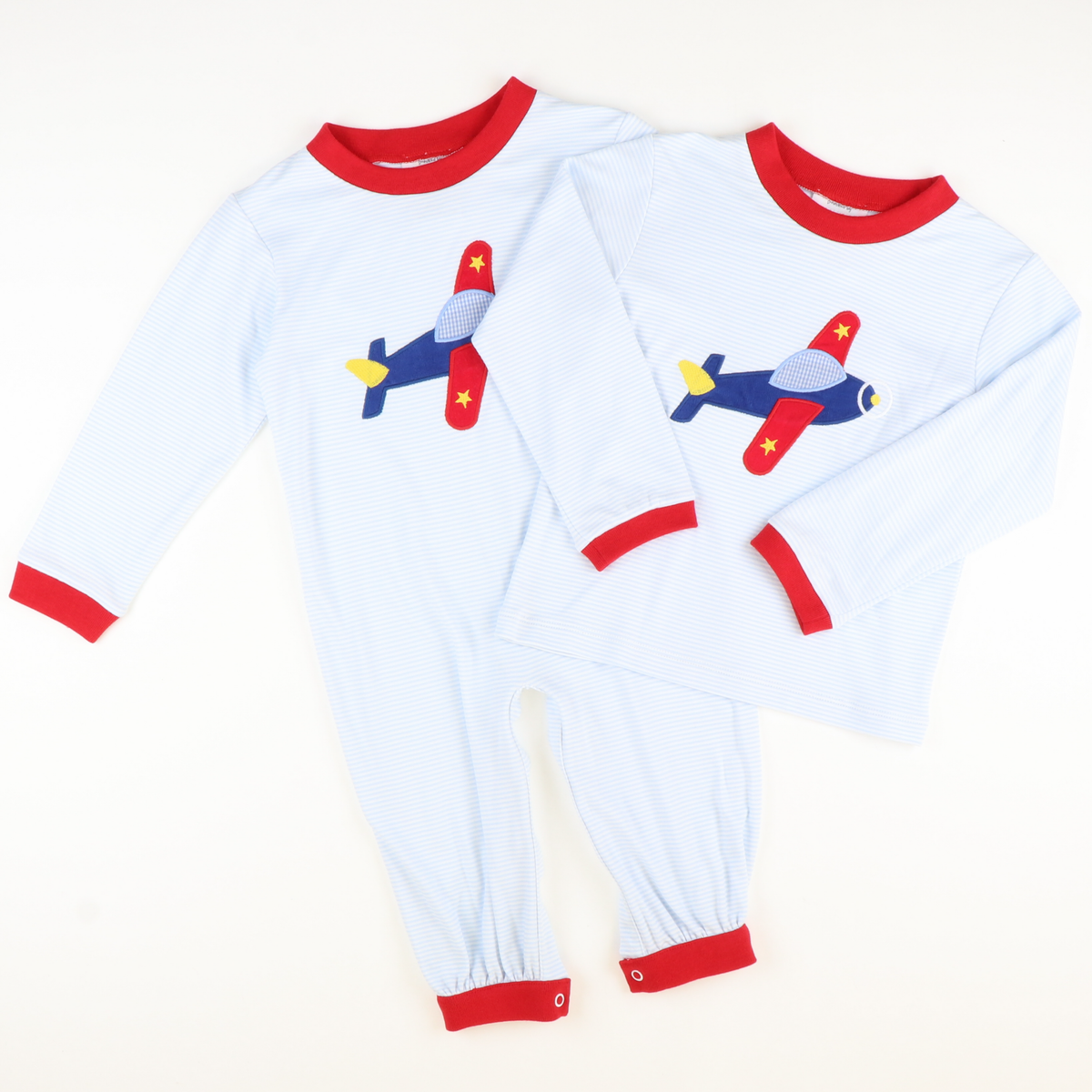Appliquéd Airplane Long Sleeve Shirt - Light Blue Stripe Knit - Stellybelly