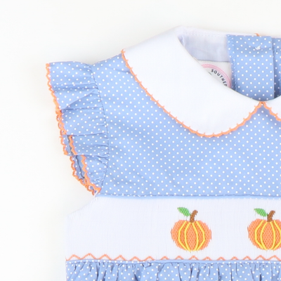 Smocked Pumpkins Collared Girl Bubble - Blue Tiny Dot - Stellybelly