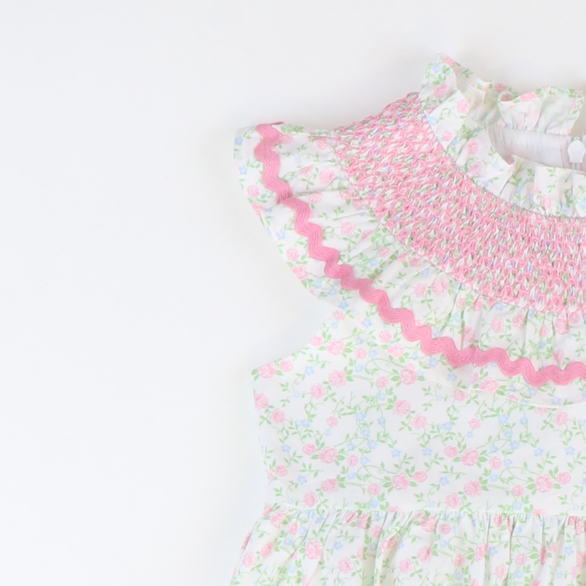 Smocked Ruffle Neck Dress - Pink & Blue Floral - Stellybelly