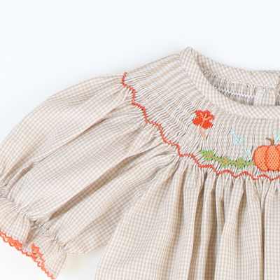 Smocked Harvest Pumpkin & Leaves Girl Bubble - Khaki Mini Gingham - Stellybelly