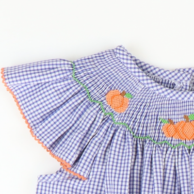 Smocked Autumn Pumpkins Girl Bubble - Royal Blue Sandra Gingham Plaid - Stellybelly