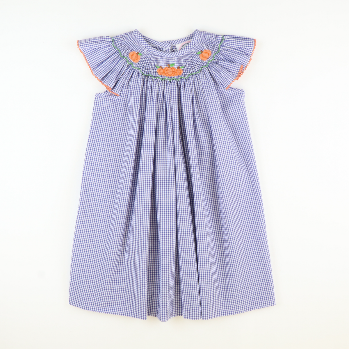 Smocked Autumn Pumpkins Bishop - Royal Blue Sandra Gingham Plaid - Stellybelly