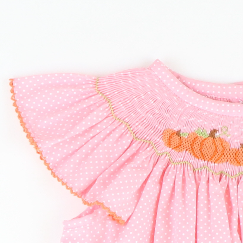 Smocked Pumpkin Patch Girl Bubble - Pink Tiny Dot - Stellybelly