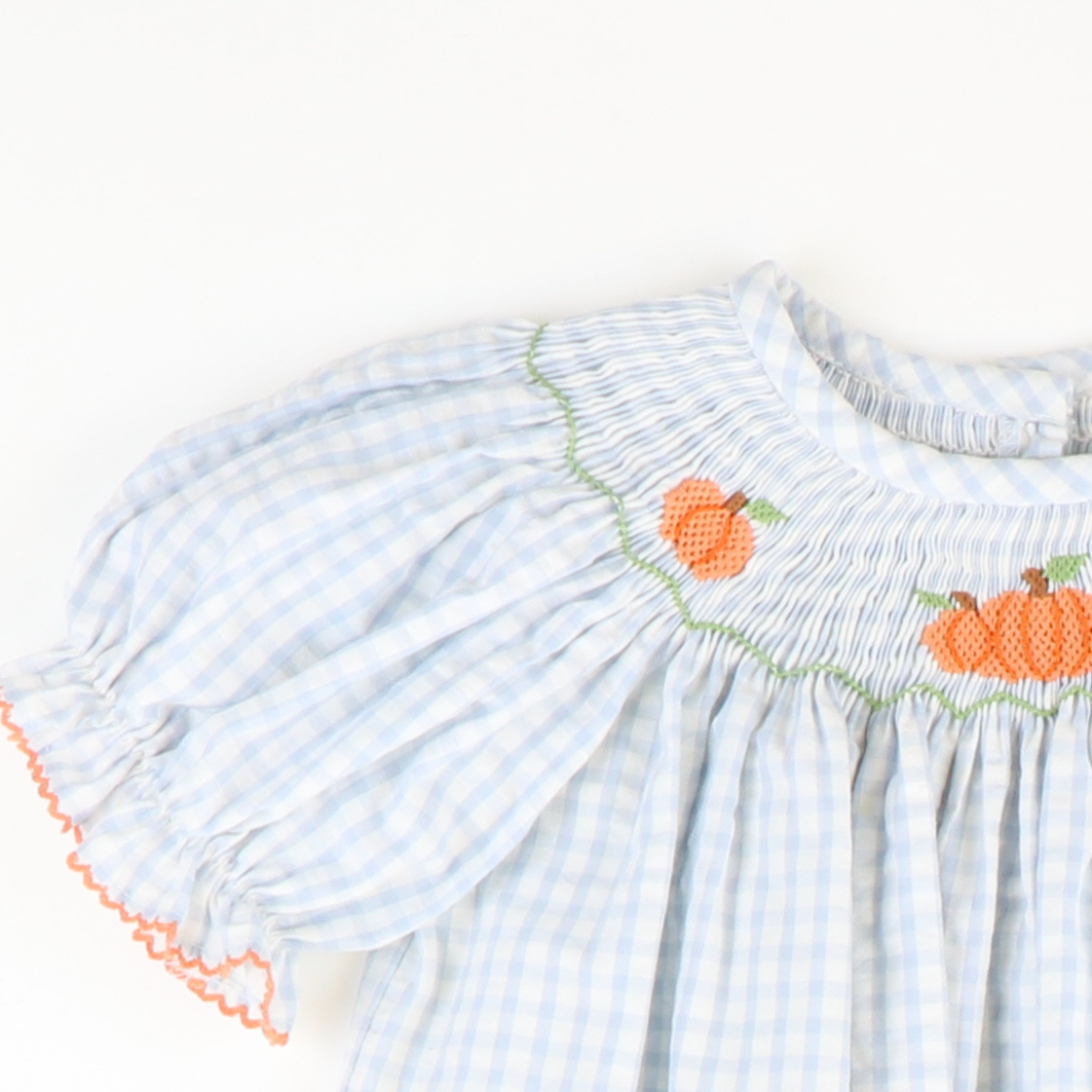 Smocked Autumn Pumpkins Bishop - Light Blue Check Seersucker - Stellybelly