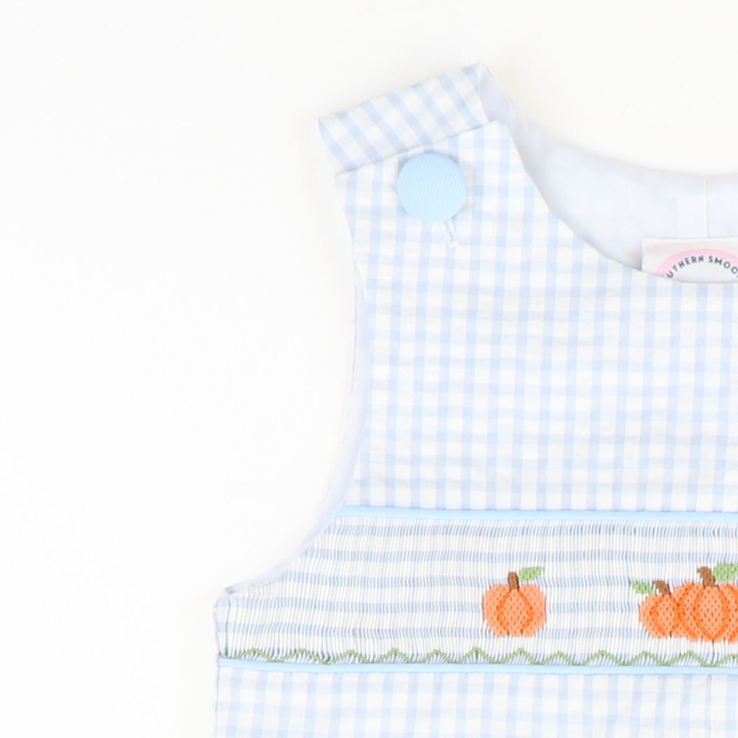 Smocked Autumn Pumpkins Shortall - Light Blue Check Seersucker - Stellybelly