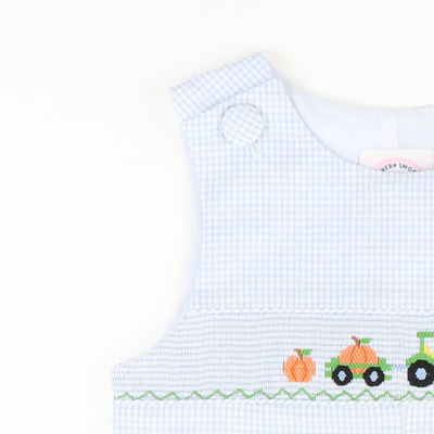 Smocked Pumpkin Tractor Shortall - Light Blue Mini Check Seersucker - Stellybelly
