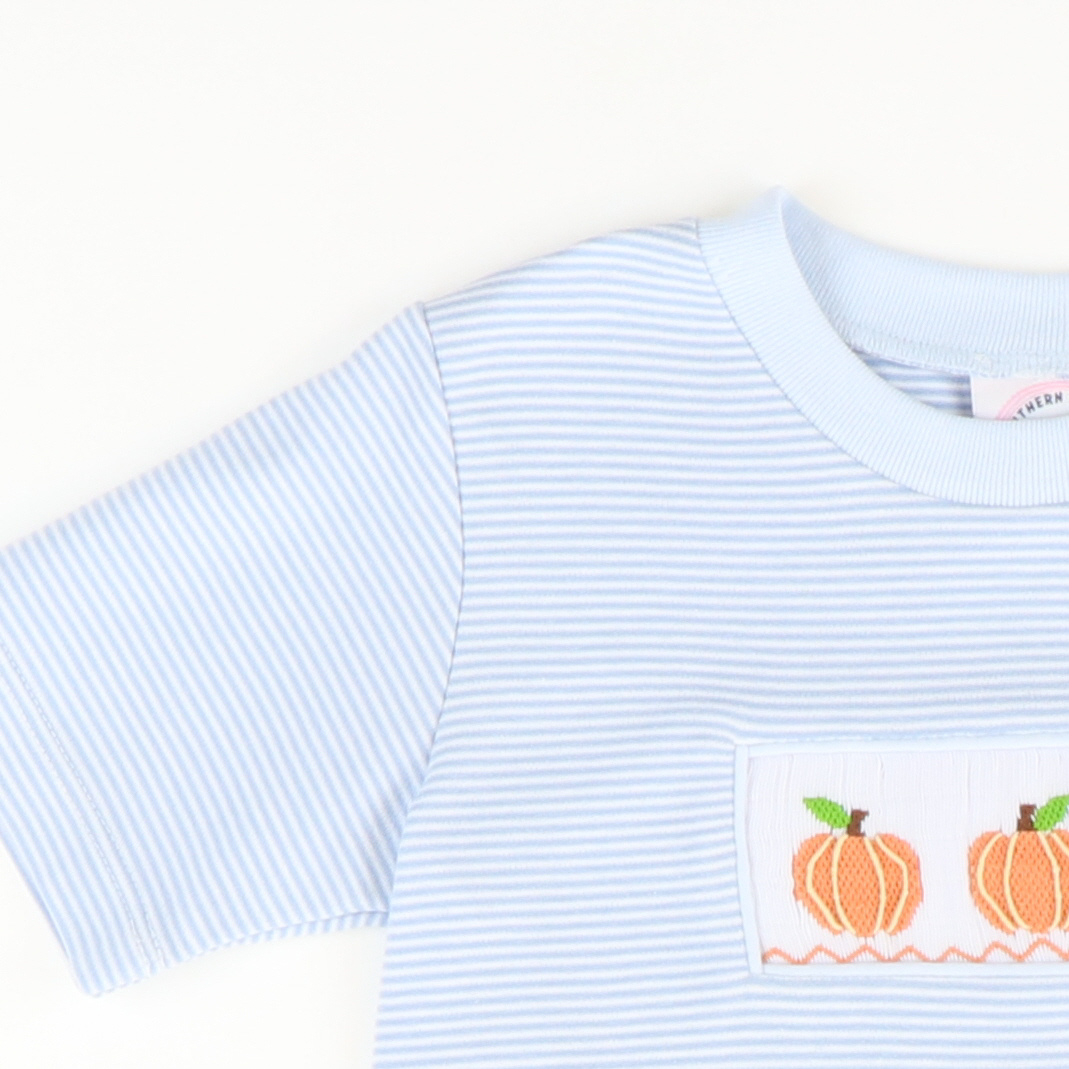 Smocked Classic Pumpkins Boy Romper - Light Blue Micro Stripe Knit - Stellybelly