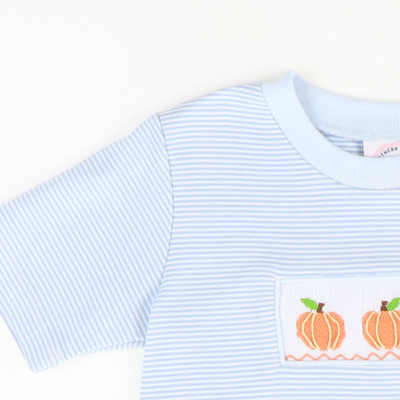 Smocked Classic Pumpkins Boy Romper - Light Blue Micro Stripe Knit - Stellybelly