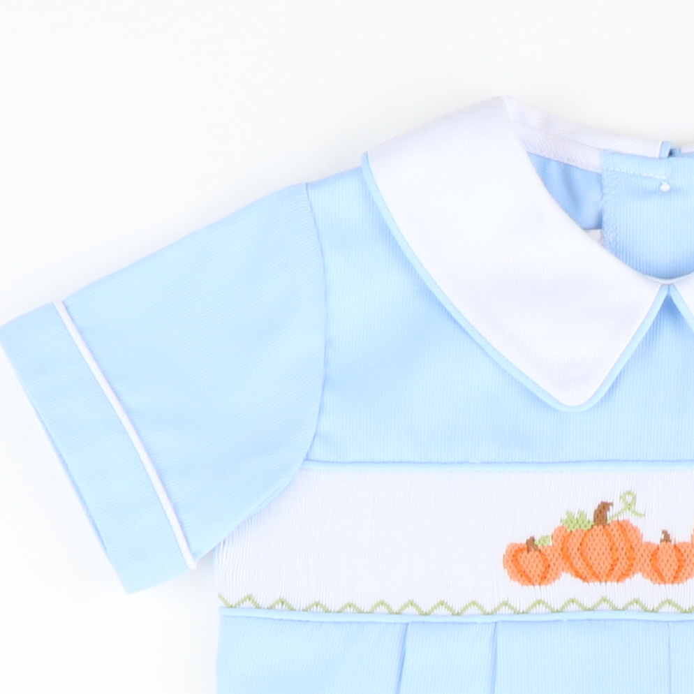 Smocked Pumpkin Patch Collared Boy Romper - Blue Pique - Stellybelly