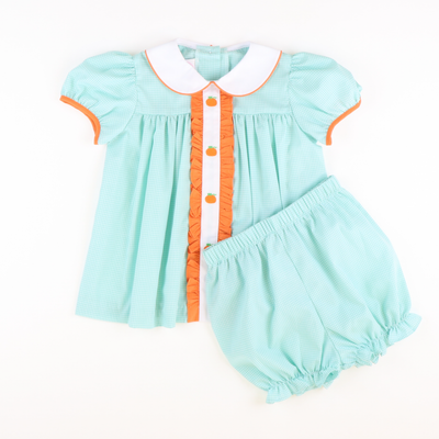 Embroidered Pumpkins Collared Top & Bloomer Set - Mint Mini Gingham - Stellybelly