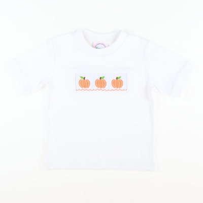 Smocked Classic Pumpkins Short Sleeve White Knit Shirt - Stellybelly