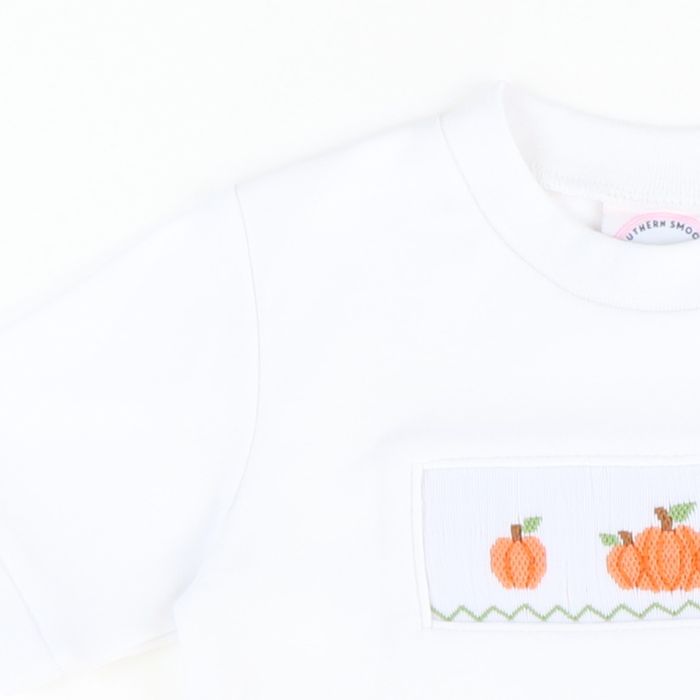 Smocked Autumn Pumpkins Short Sleeve White Knit Shirt - Stellybelly