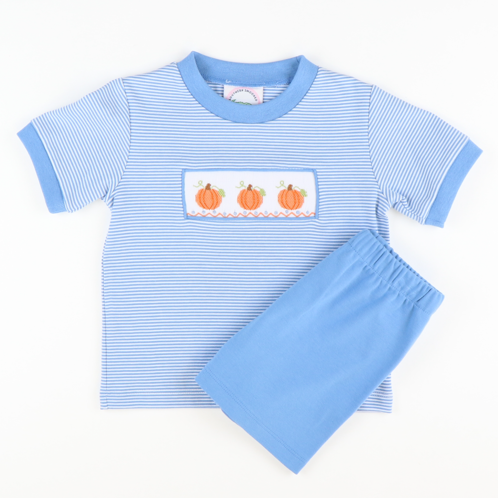 Smocked Pumpkins & Vines Knit Shirt & Shorts Set - Party Blue Micro Stripe & Party Blue Knit - Stellybelly