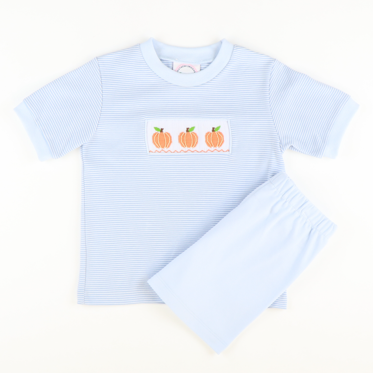 Smocked Classic Pumpkins  Knit Shirt & Shorts Set - Light Blue Micro Stripe & Light Blue Knit - Stellybelly