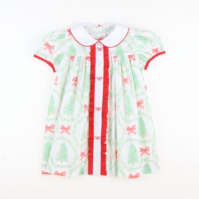 Embroidered Bows Collared Dress - Heirloom Christmas Trees - Stellybelly