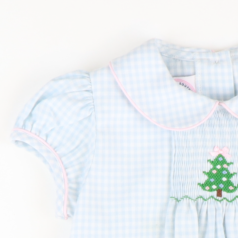 Smocked Christmas Tree Collared Dress - Light Blue Check Flannel - Stellybelly