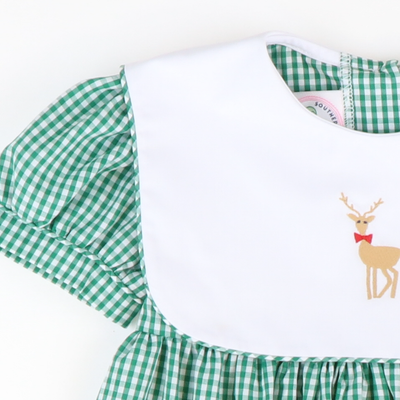 Embroidered Reindeer Collar Dress - Christmas Green Mini Gingham - Stellybelly