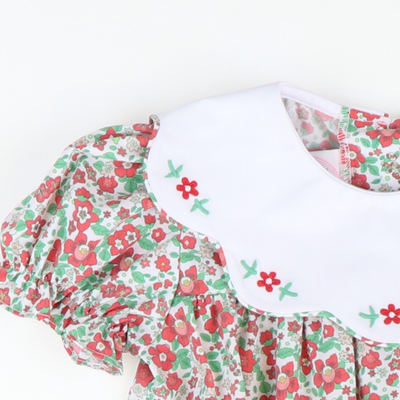 Embroidered Flowers Scalloped Collar Girl Bubble - Christmas Floral - Stellybelly