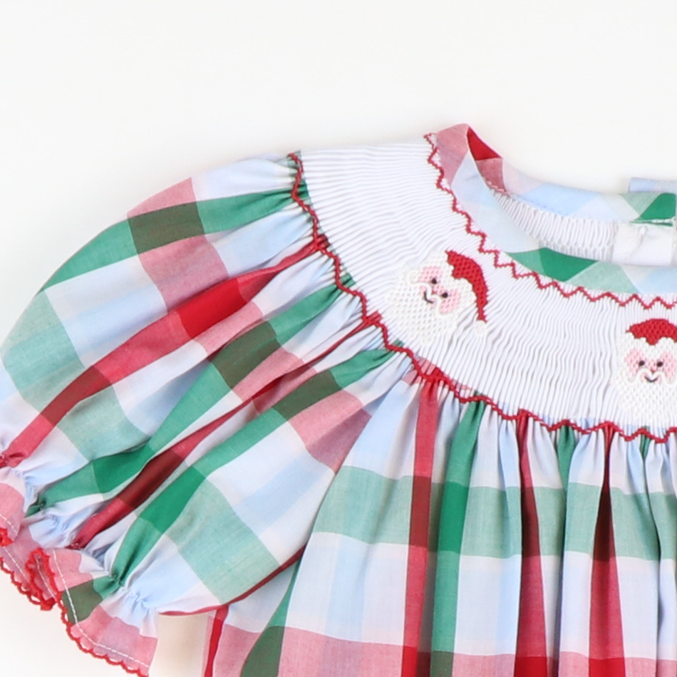 Smocked Santa Faces Top & Bloomer Set - Christmas Party Plaid - Stellybelly