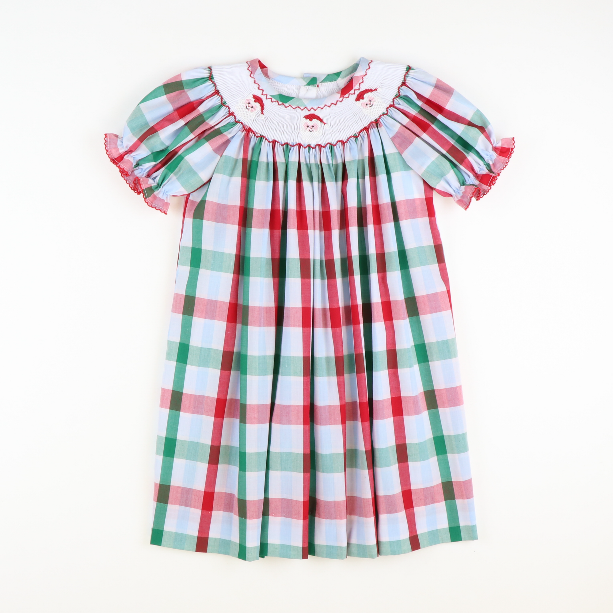 Smocked Santa Faces Bishop - Christmas Party Plaid - Stellybelly