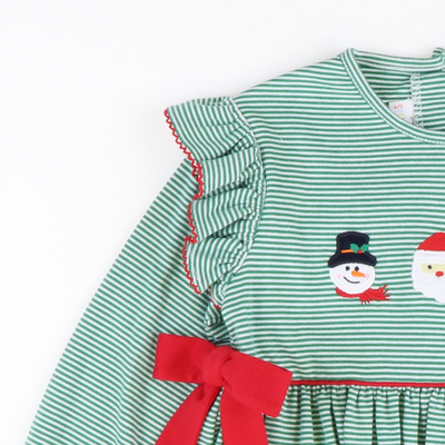 Appliquéd Christmas Friends Girl Bow Bubble - Green Micro Stripe Knit - Stellybelly