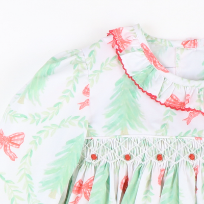 Smocked Rosette Ruffle Dress - Heirloom Christmas Trees - Stellybelly