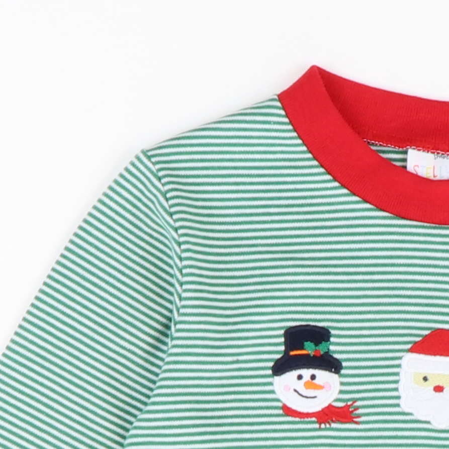 Appliquéd Christmas Friends Long Sleeve Shirt - Green Micro Stripe Knit - Stellybelly