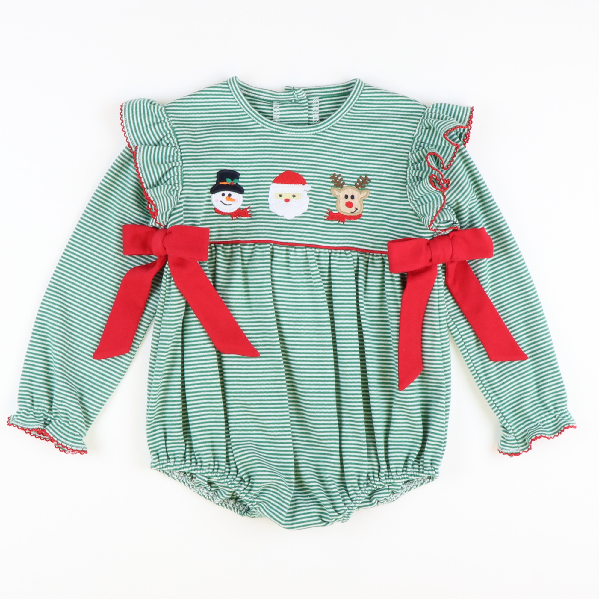 Appliquéd Christmas Friends Girl Bow Bubble - Green Micro Stripe Knit - Stellybelly