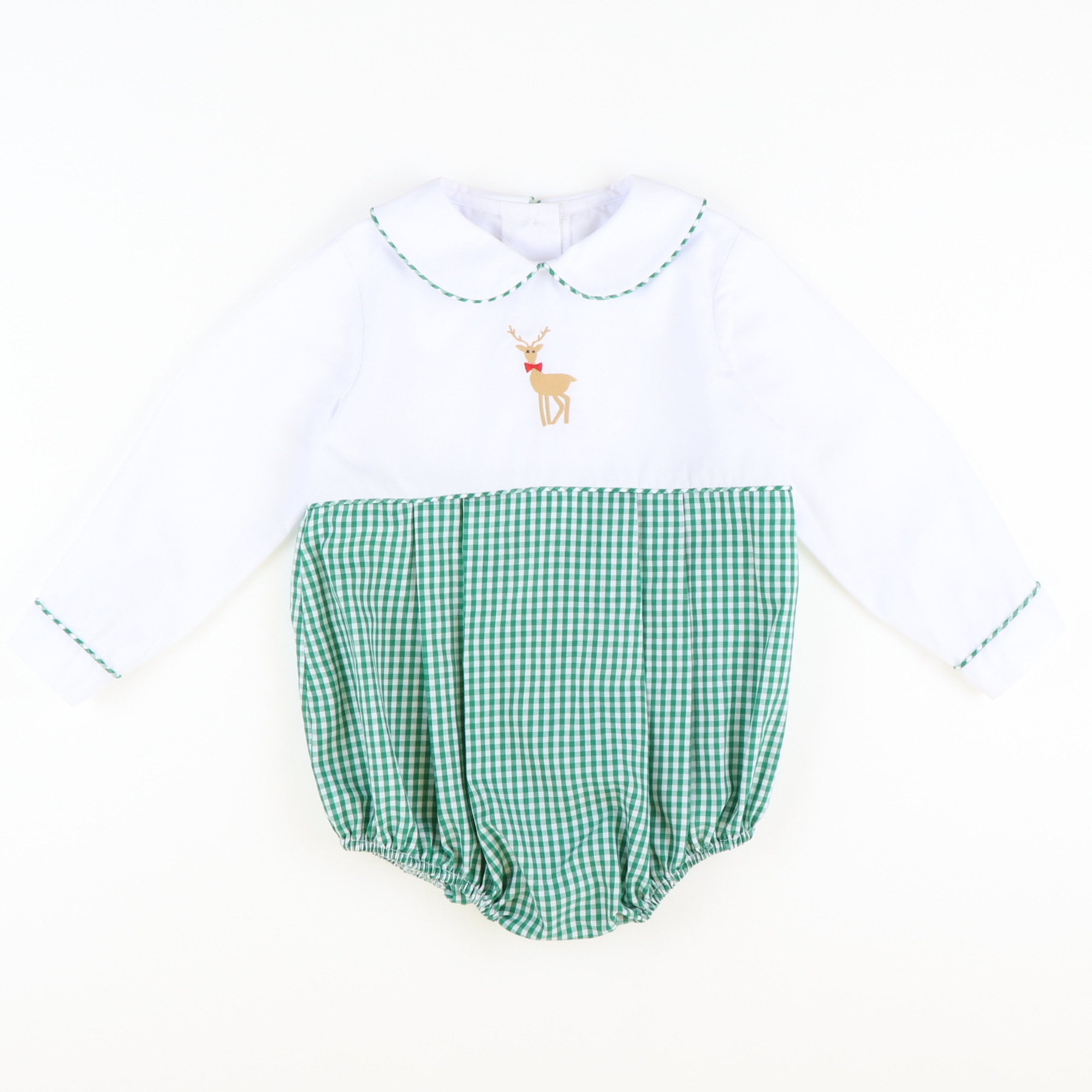 Embroidered Reindeer Boy Bubble - Christmas Green Mini Gingham - Stellybelly