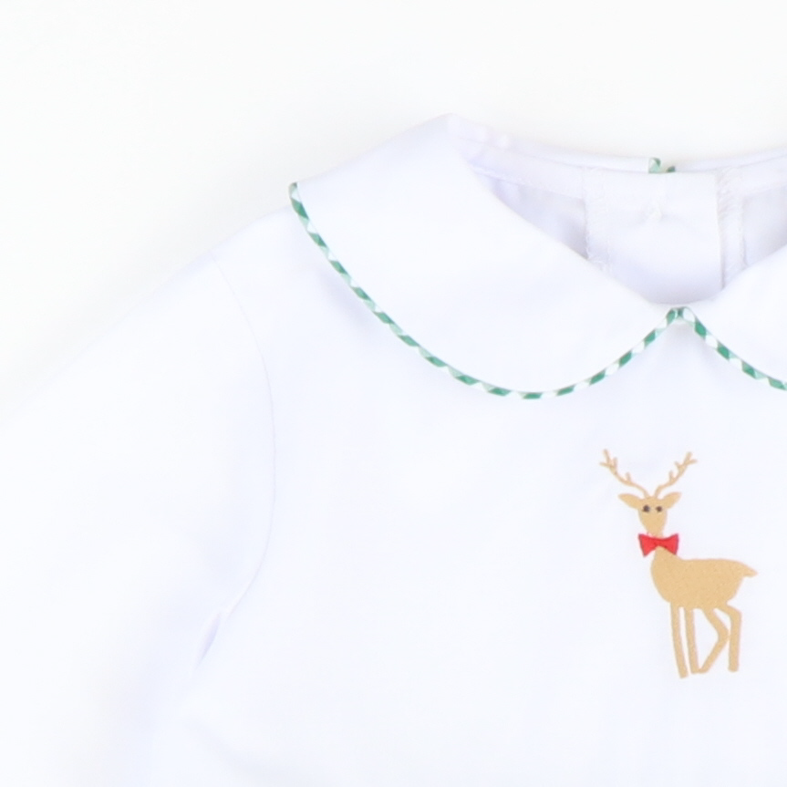 Embroidered Reindeer Boy Bubble - Christmas Green Mini Gingham - Stellybelly