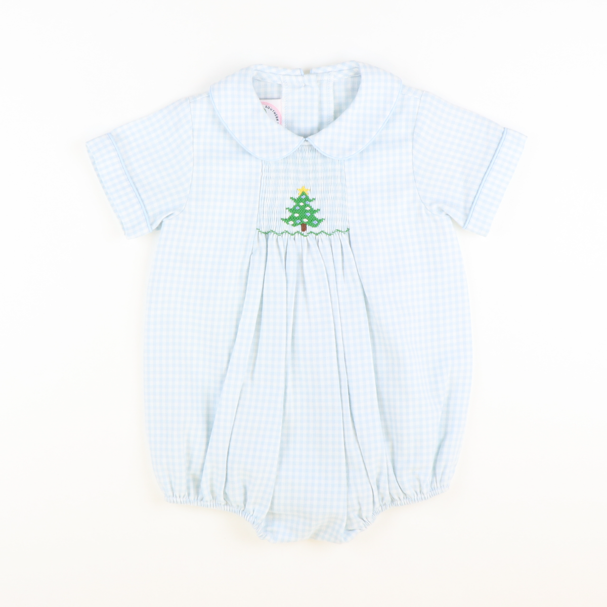 Smocked Christmas Tree Collared Boy Bubble - Light Blue Check Flannel - Stellybelly