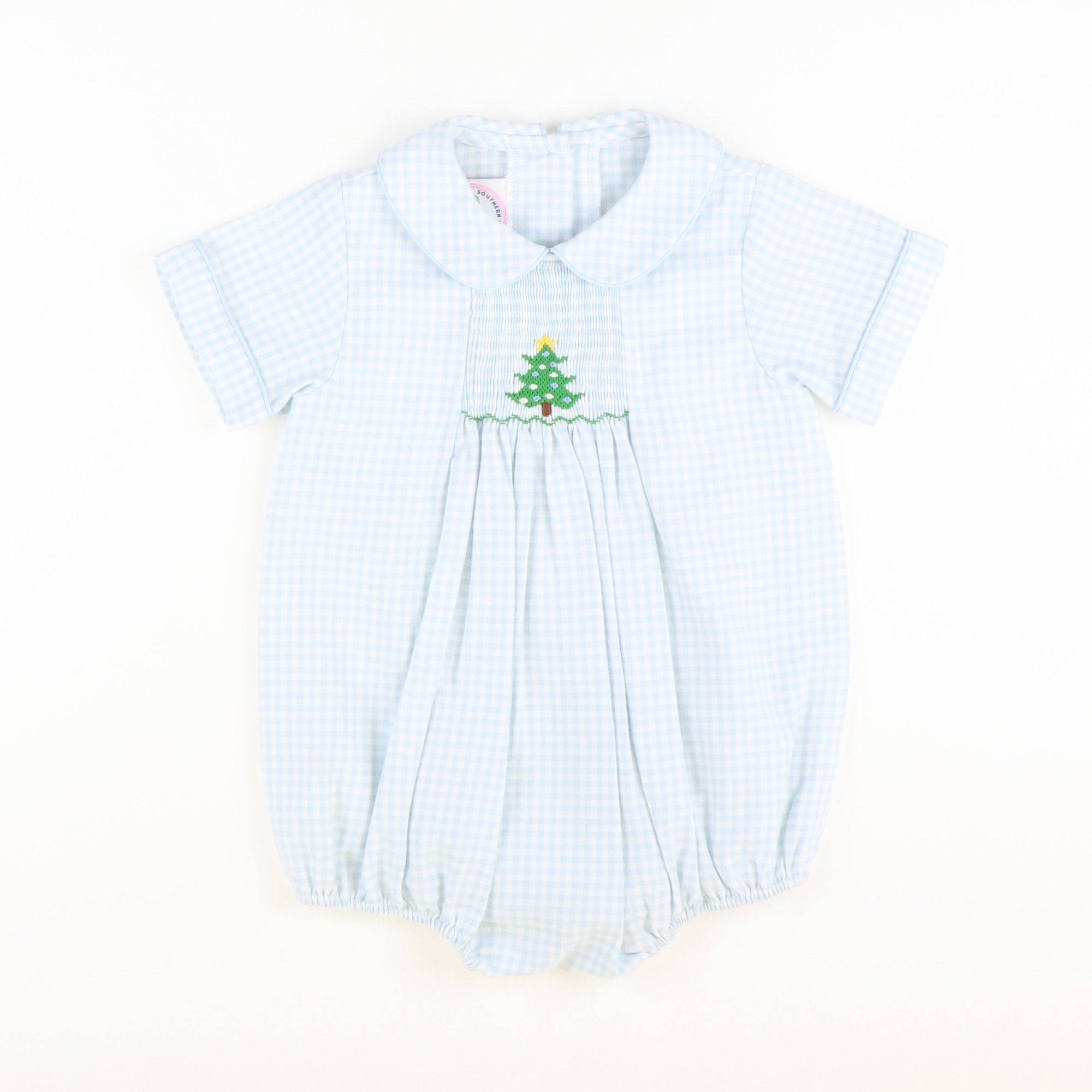 Smocked Christmas Tree Collared Boy Bubble - Light Blue Check Flannel - Stellybelly