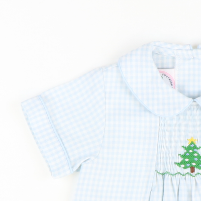 Smocked Christmas Tree Collared Boy Bubble - Light Blue Check Flannel - Stellybelly