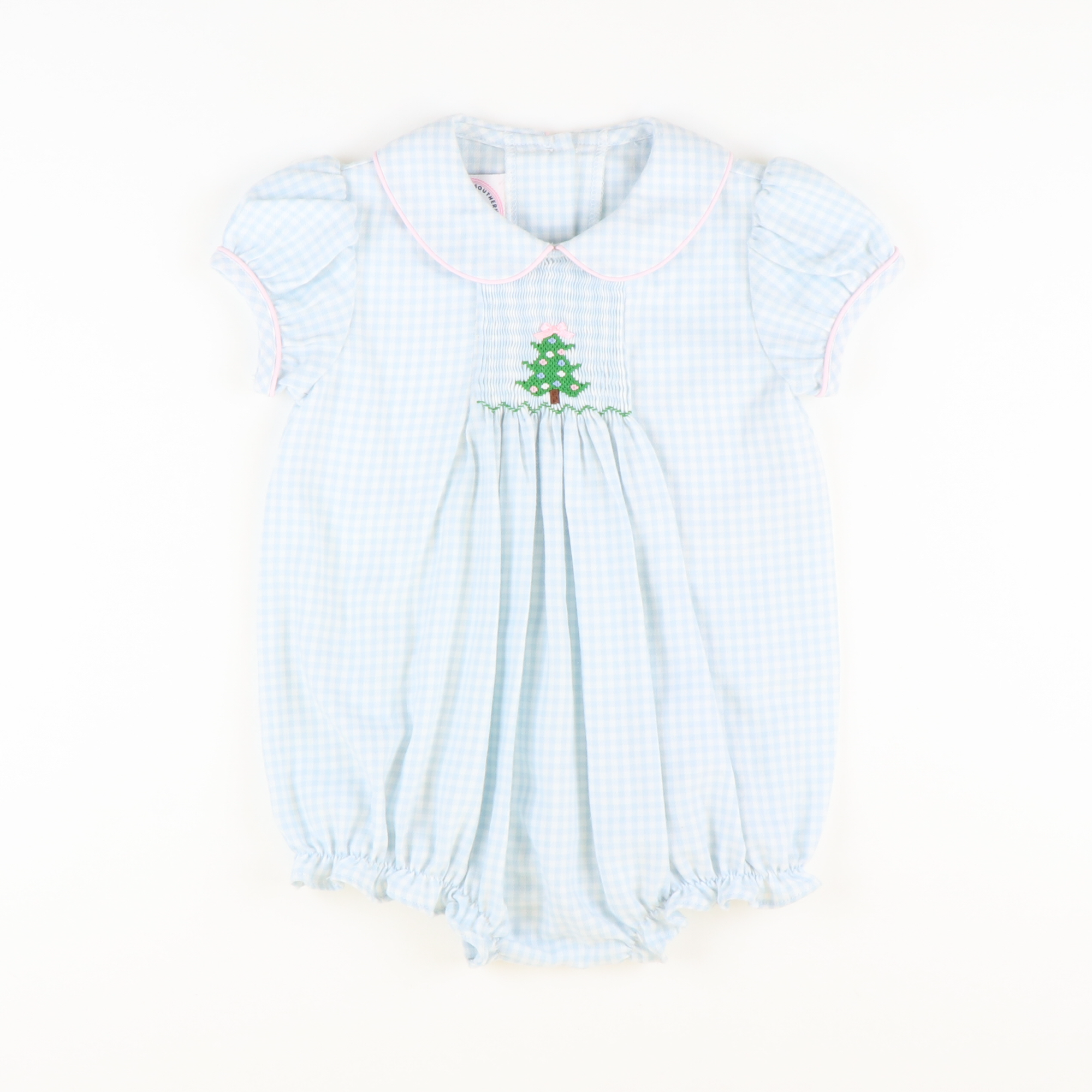 Smocked Christmas Tree Collared Girl Bubble - Light Blue Check Flannel - Stellybelly