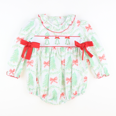 Embroidered Heirloom Christmas Trees Ruffle Girl Bubble - Stellybelly