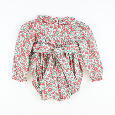 Smocked Rosette Ruffle Girl Bubble - Christmas Floral - Stellybelly