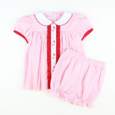 Embroidered Candy Canes Collared Top & Bloomer Set- Light Pink Flannel - Stellybelly