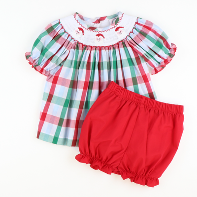 Smocked Santa Faces Top & Bloomer Set - Christmas Party Plaid - Stellybelly