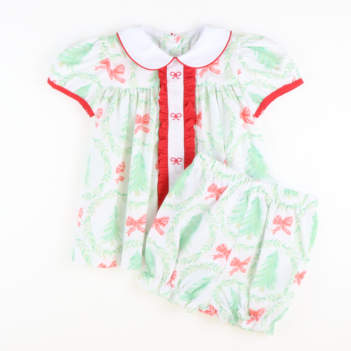 Embroidered Bows Collared Top & Bloomer Set- Heirloom Christmas Trees - Stellybelly