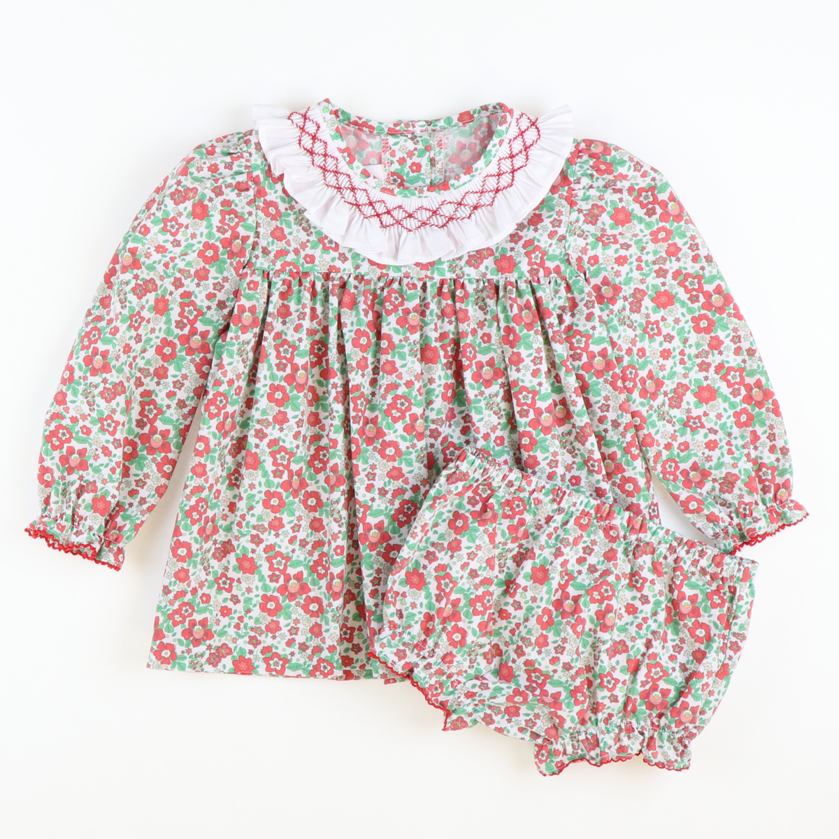 Smocked Christmas Floral Ruffle Neck Top & Bloomer Set - Stellybelly