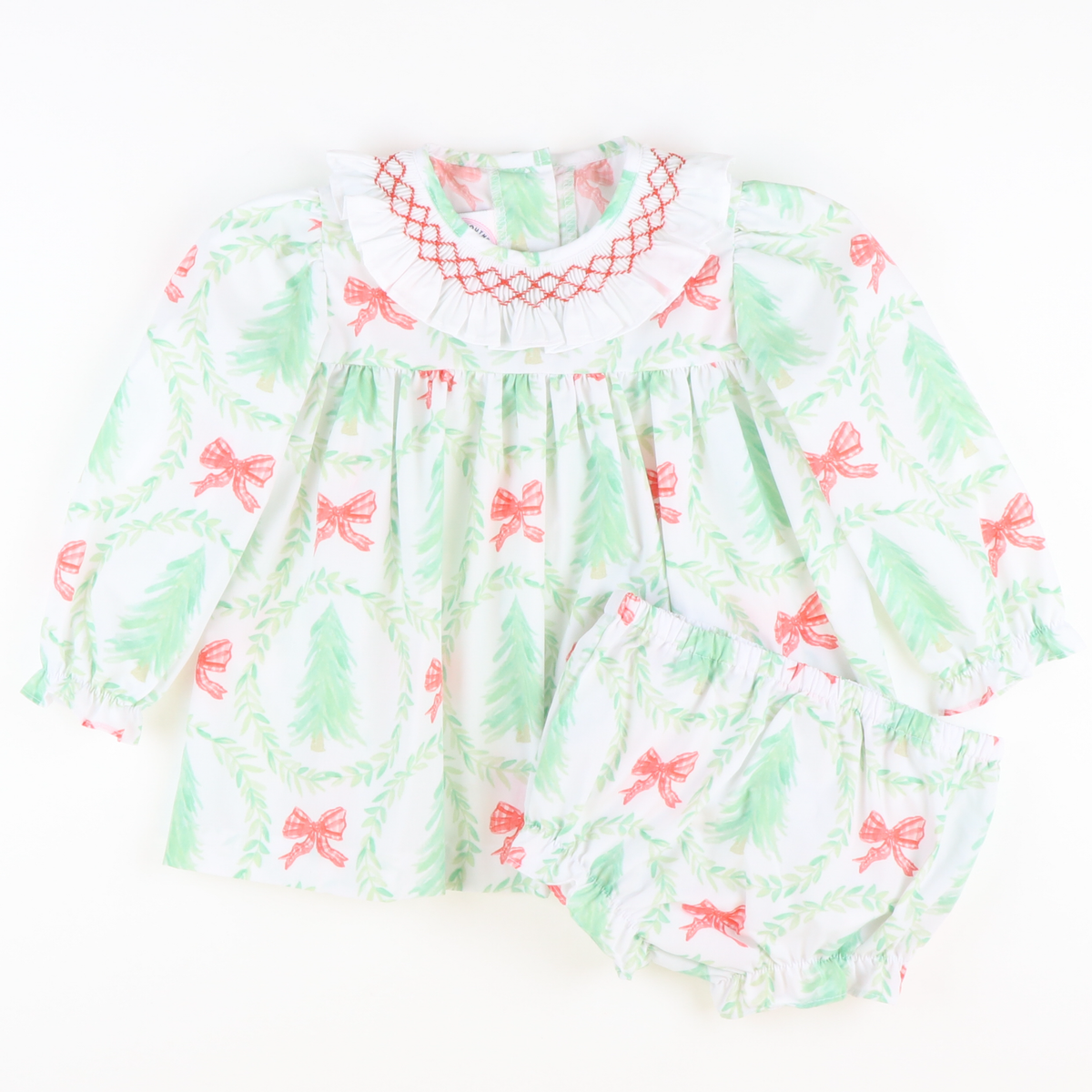 Smocked Heirloom Christmas Trees Ruffle Neck Top & Bloomer Set - Stellybelly