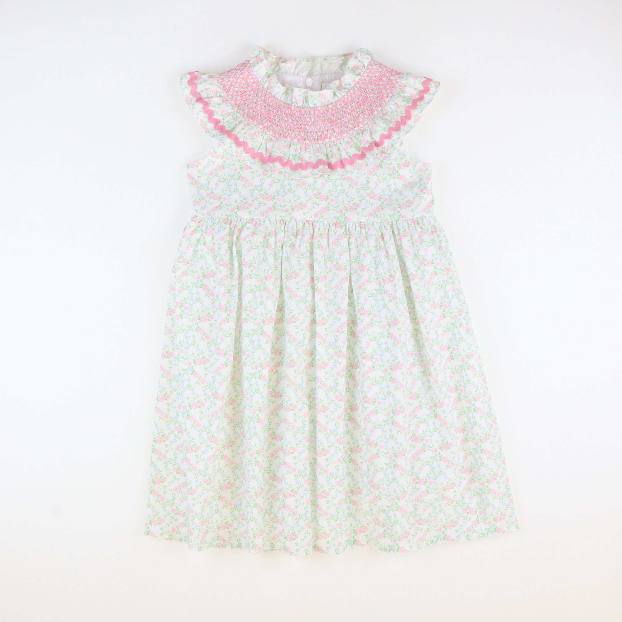 Smocked Ruffle Neck Dress - Pink & Blue Floral - Stellybelly